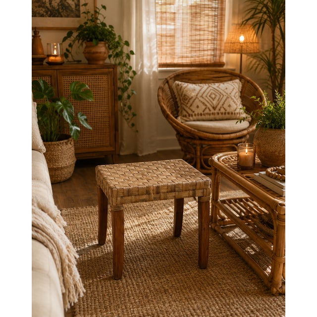 1990s Boho Basket Weave Rattan Footstool Ottoman For Sale In Naples, FL - Image 6 of 6
