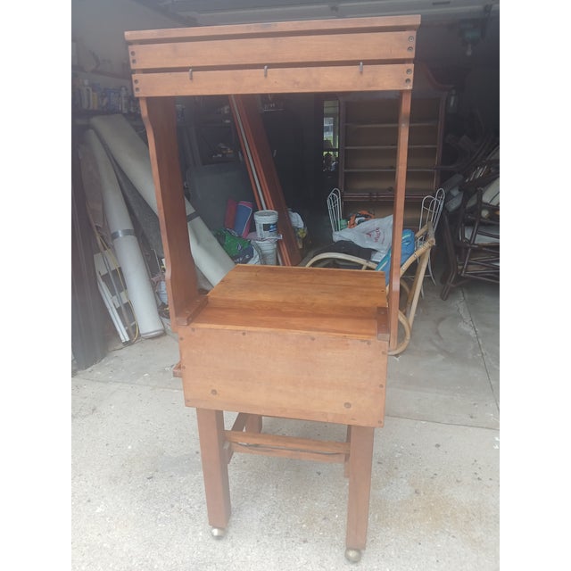 Vintage Butcher Block Work Table, With Hanging Rack, on Brass Castors For Sale - Image 6 of 15