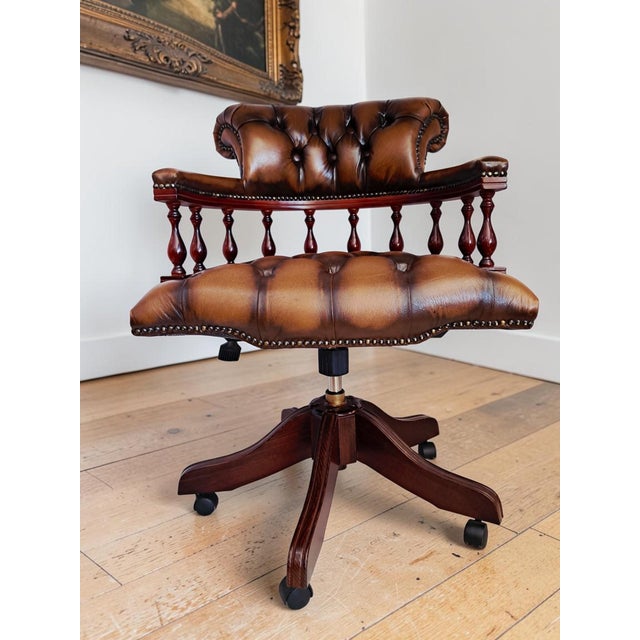 Antique Style Chesterfield Swivel and Tilt Captain's Chair in Brown Buttoned Leather, 1990s For Sale - Image 9 of 18