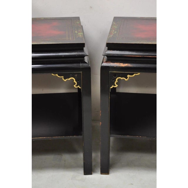 Vintage Chinoiserie Black Lacquered Red Leather Top 2 Tier End Tables - A Pair For Sale - Image 4 of 12