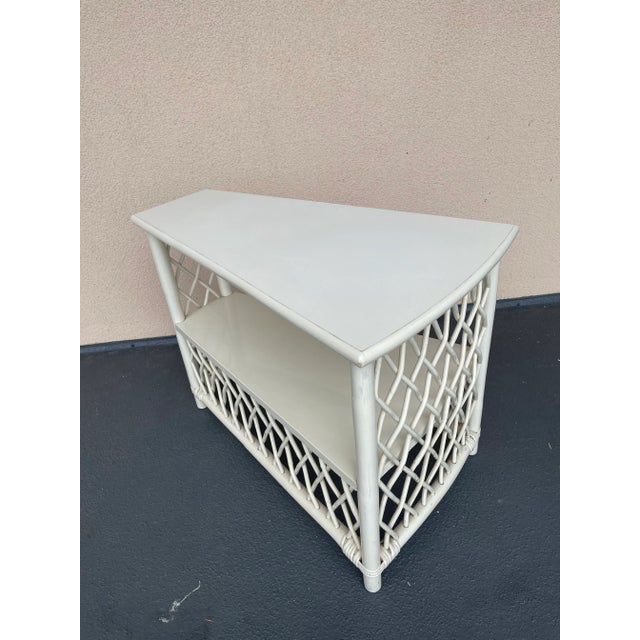 1950’s Henry Olko for Willow & Reed White Lattice Rattan Triangular Corner Table For Sale - Image 11 of 13