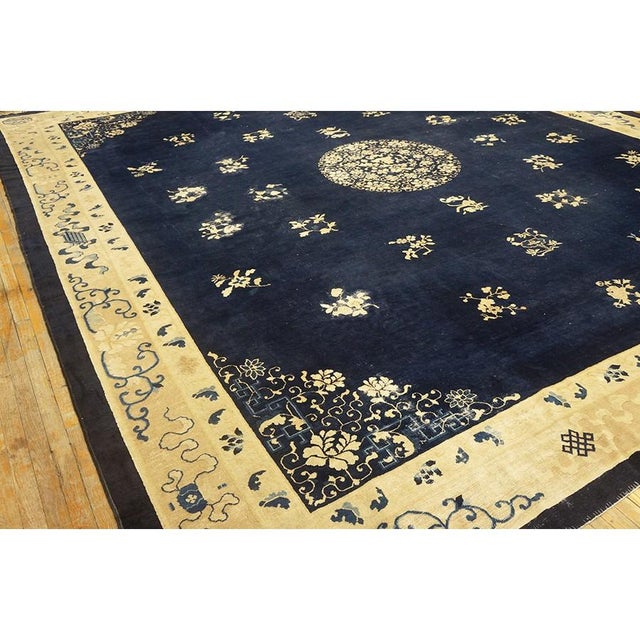 1900s Navy Blue Solid Floral Deco Antique Chinese Peking Knotted Room Size Rug For Sale - Image 9 of 10