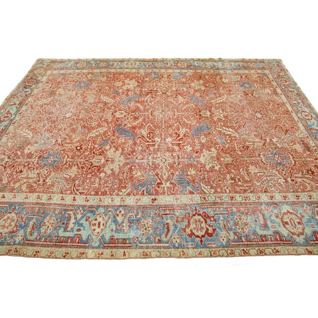 Handmade Persian Heriz Handmade Wool Rug in Red-Rust With Medallion Motif For Sale - Image 4 of 8