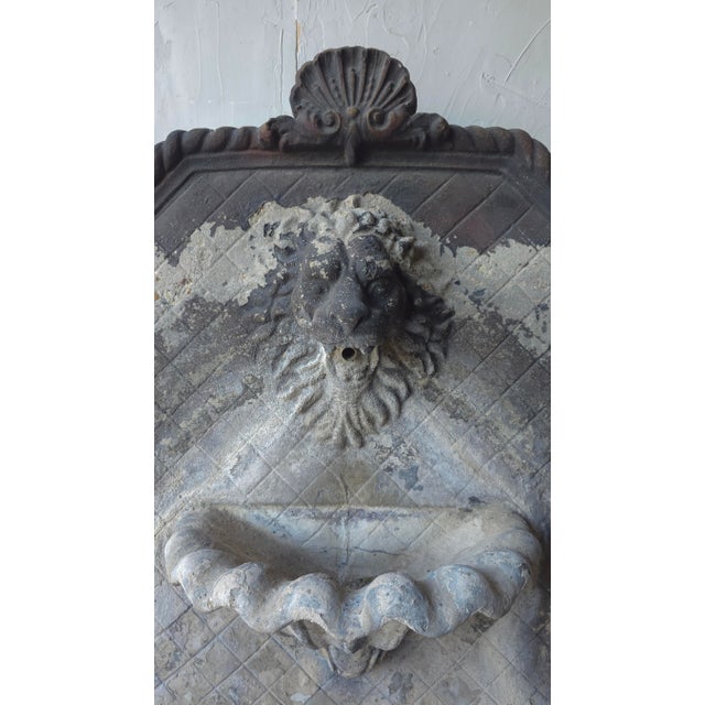 Gray Aged Cast Stone Lions Head Wall Spitting Garden Fountain For Sale - Image 8 of 14