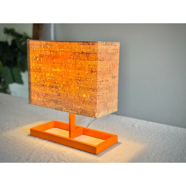 Mid-Century Modern Vintage Italian Postmodern Style Orange Table Lamb With Rectangular Cork Lamp Shade in Style of Memphis Milano Modernist Design For Sale - Image 3 of 12
