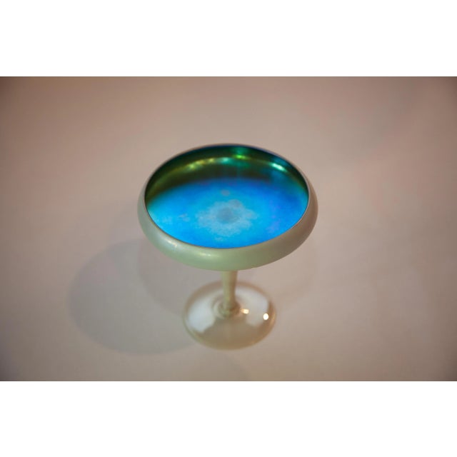 Steuben Blue Aurene Calcite Compote. Footed opal compote with a bright blue interior. Brilliant blue iridescence with hues...