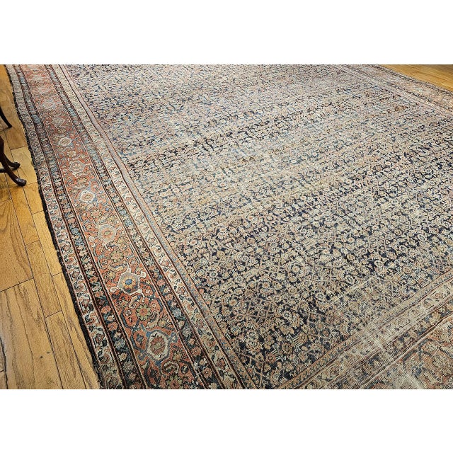 19th Century Oversized Persian Farahan, Hand-Knotted Wool, Allover Herati Geometric Pattern, Navy & Red, 14x18 For Sale - Image 4 of 18