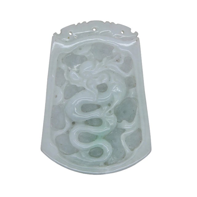 Natural Jade Chinese Rectangular Pendant Plate With Dragon and Luyi Flower Art For Sale