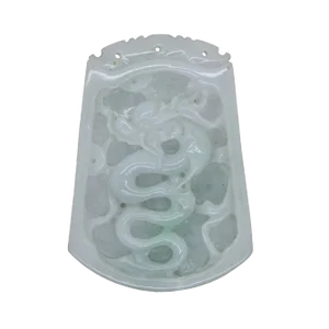 Natural Jade Chinese Rectangular Pendant Plate With Dragon and Luyi Flower Art
