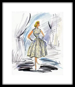 1950s Reproduction Framed Print of Original Costume Sketch by Edith Head for Grace Kelly "How to Catch a Thief"
