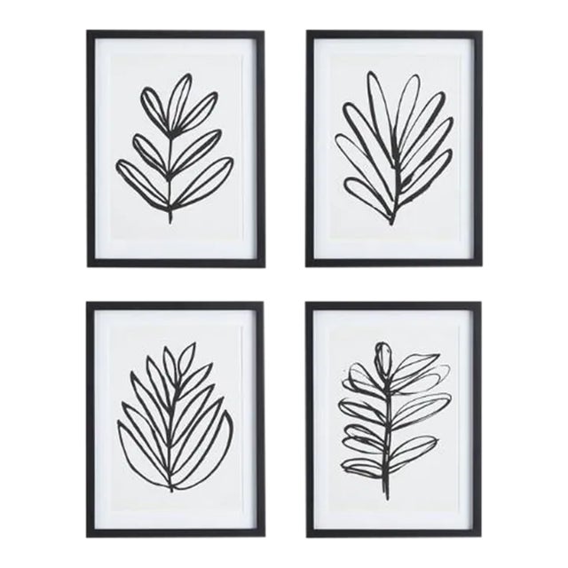 Sketched Leaf Prints in Wood Frames, Set Of 4 For Sale