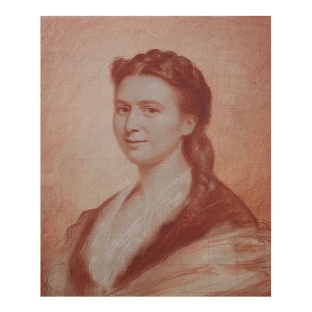 19th Century Hand Drawn Original Sanguine Portrait of a Young Woman - Signed For Sale
