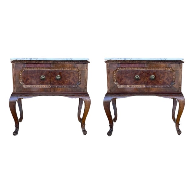 Art Deco French Nightstands with doors and Marble Top, 1930s, Set of 2 For Sale