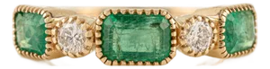 Pinion Bezel Set 2.07 Ct Zambian Emerald Three Stone Diamond Wedding Band Size 7