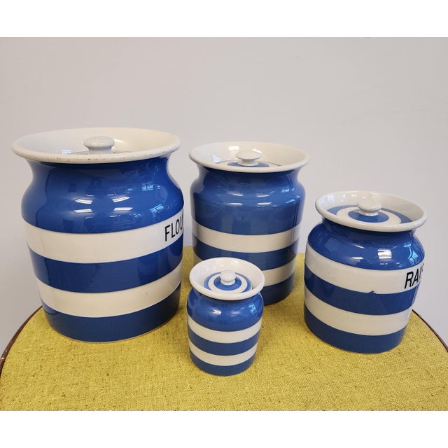 Farmhouse 1930's T. Green Cornish Ware Blue and White Ceramic Canister - Set of 4 For Sale - Image 3 of 12