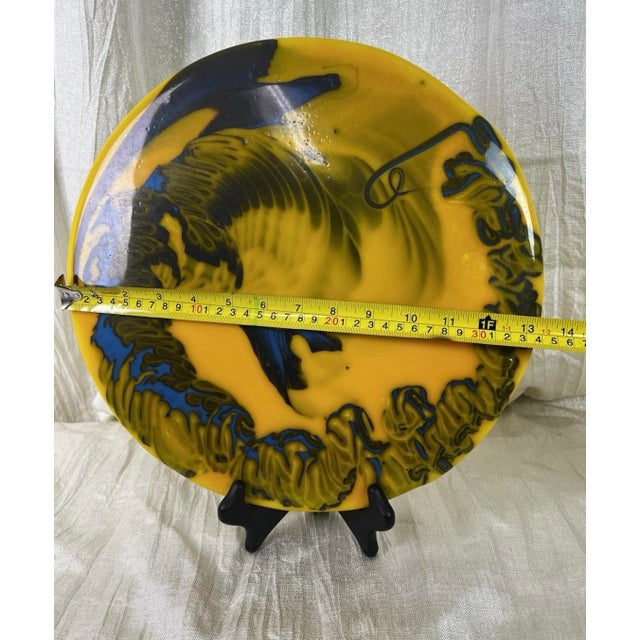 Large Vintage Studio Art Glass Wall Charger – Yellow & Cobalt Abstract Modernist Glass Art, Sculptural Wall Decor, 13” Statement Piece For Sale - Image 4 of 12