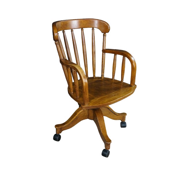 Mid-Century Modern Mid Century Oak Bentwood Windsor Barrel Back Swivel Bankers Office Desk Chair For Sale - Image 3 of 18