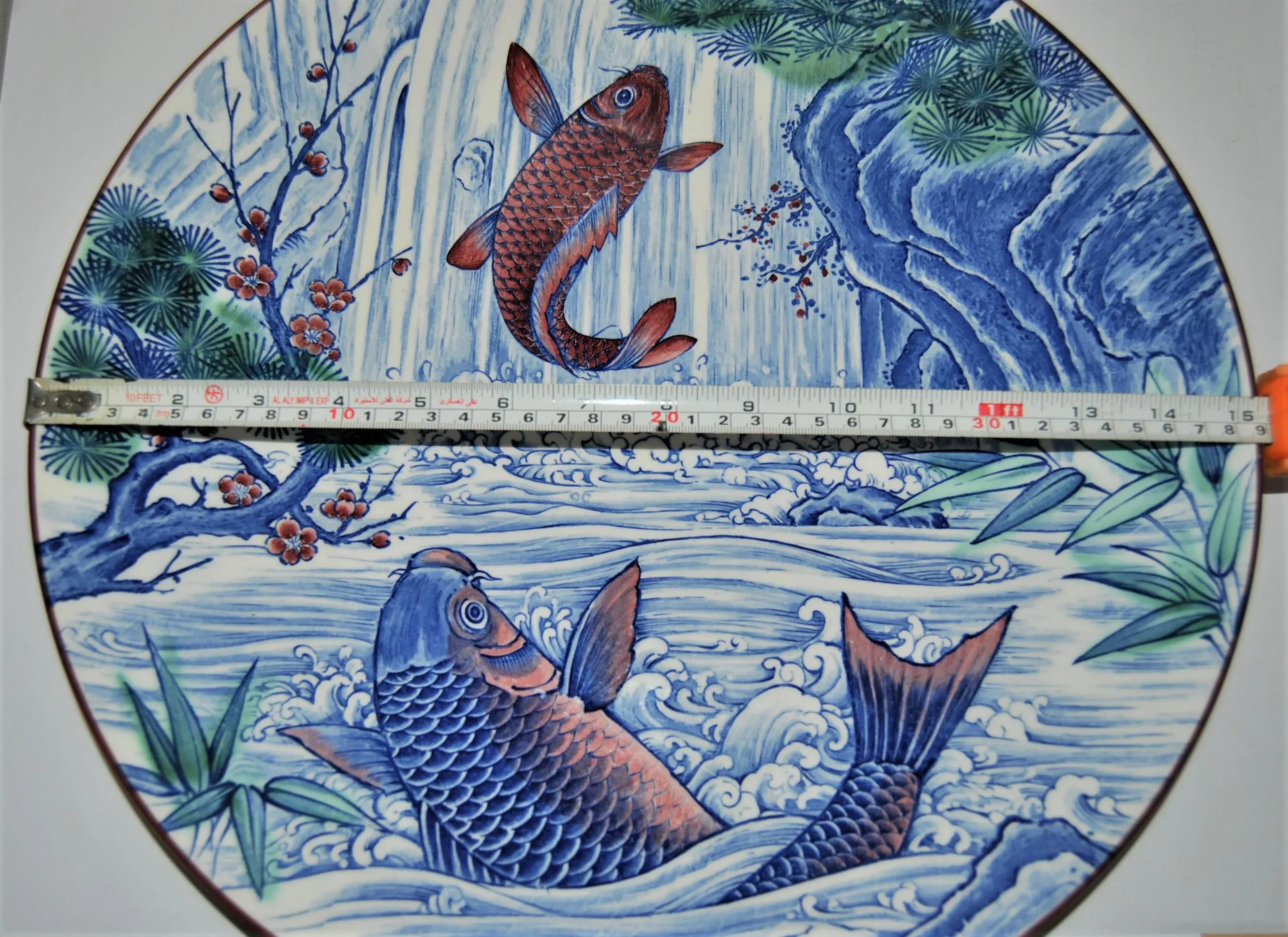 Japanese Platter Mino-Yaki Koi Fish Hand-Painted Decorative Large