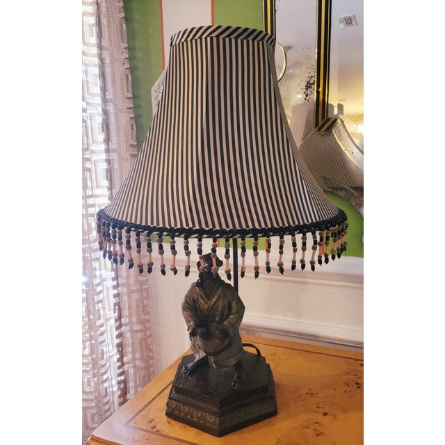 Sculpture Materials Vintage Regency Monkey Playing a Drum With Gold Robe, Hat Table Lamp Striped Black Gold Shade For Sale - Image 7 of 11