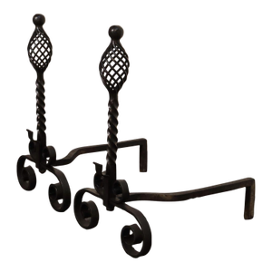Pair of Gothic Revival Firedogs / Andirons With Basket Twist and Scroll Motif
