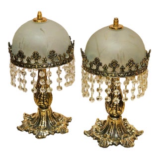 Crystal Fringe Table Lamps Set With Frosted Glass Shades & Gold and Bronze Base For Sale