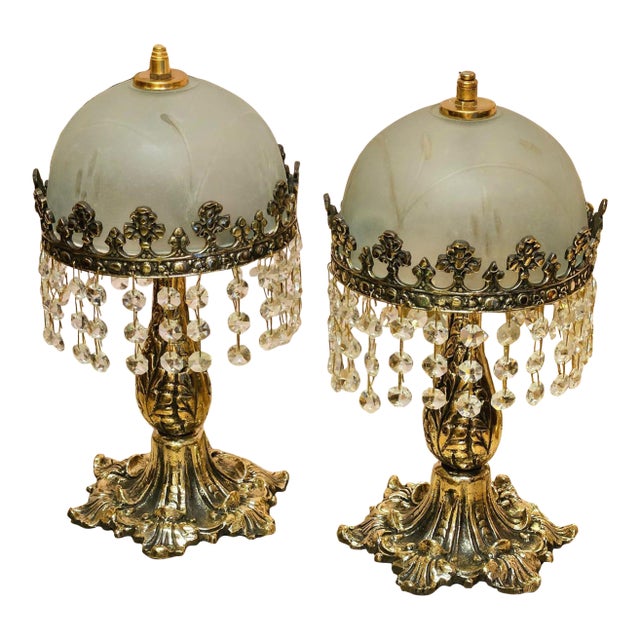 Crystal Fringe Table Lamps Set With Frosted Glass Shades & Gold and Bronze Base For Sale