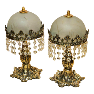 Crystal Fringe Table Lamps Set With Frosted Glass Shades & Gold and Bronze Base