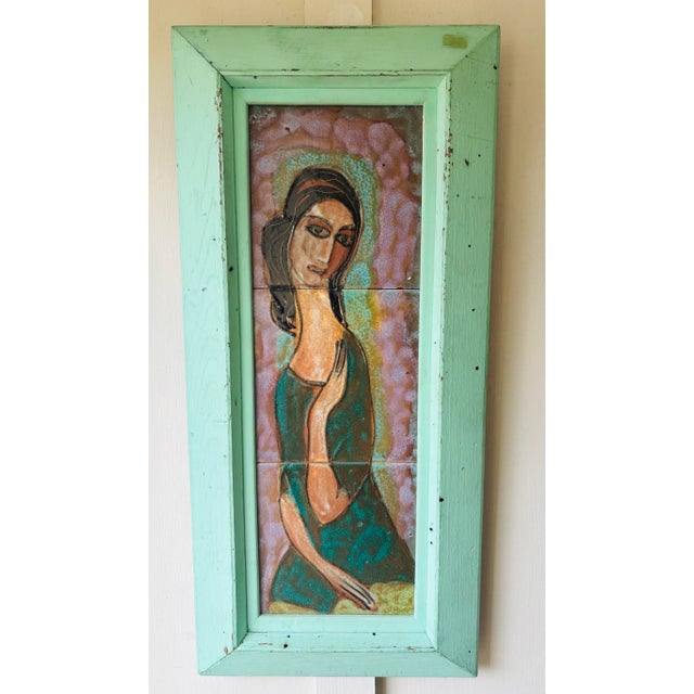 American Pair of Painted Tile Wall Plaques of Two Women by Harris G. Strong For Sale - Image 3 of 10