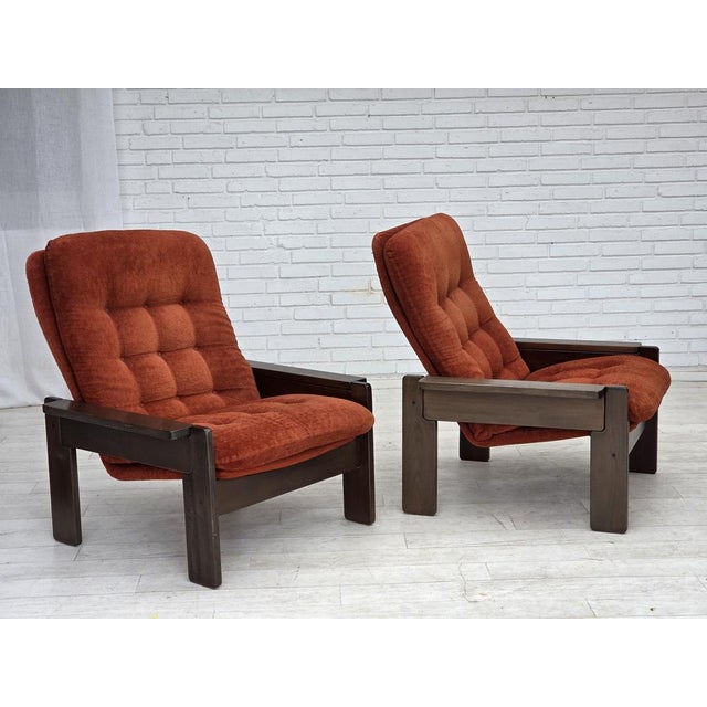 Danish Armchair in Orange-Red Velour and Dark Oak Wood, 1970s For Sale - Image 10 of 17