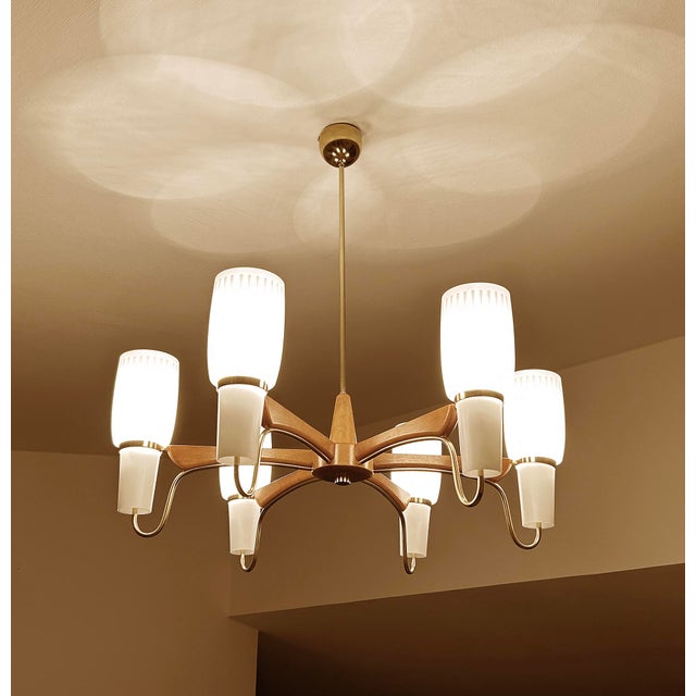 Brown Large Scandinavian Style Pendant Light in Glass and Teak from Temde, 1960s For Sale - Image 8 of 18