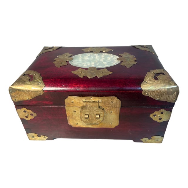 Rosewood Jewelry Box Brass Mounts Shanghai China Silk Brocade Lined For Sale