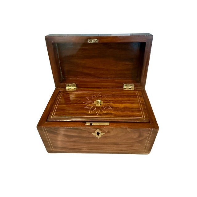 19th Century Anglo Indian Rosewood Tea Caddy With Brass Inlay For Sale - Image 4 of 5