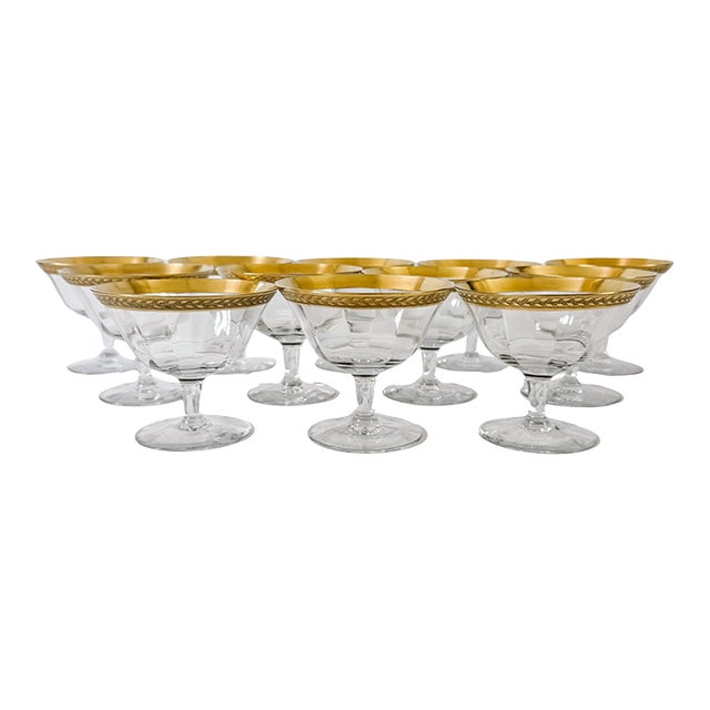 1940 Tiffin-Franciscan Gold Laurel Encrusted Rimmed Sherbet Glasses - Set of 12 For Sale