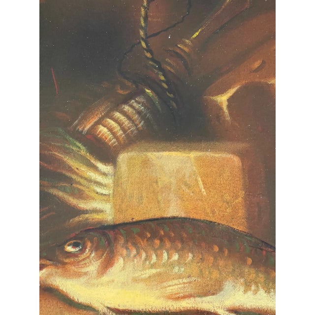 Large modern oil on canvas still life with fish in antique patinated frame.