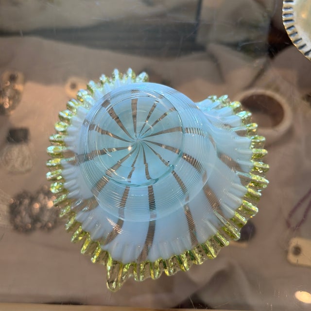 Metal Late 19th Century Heart Vaseline Glass Bowls in Silver Plated Tray. Victorian Brides Basket For Sale - Image 7 of 9