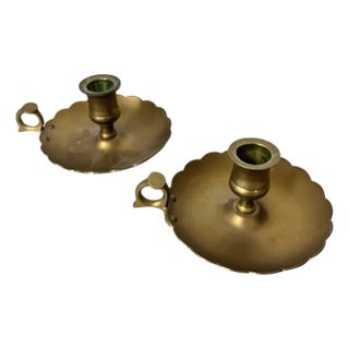 Vintage Brass Scalloped Edge Finger Loop Candlestick Holder - A Pair For Sale