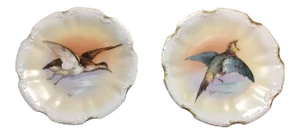 Limoges Hand-Painted Porcelain Coronet Bird Series Plates - a Pair