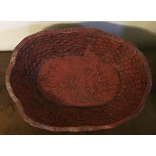 Antique Japanese Red Lacquer Carved Wood Basketweave Centerpiece Bowl For Sale - Image 11 of 13