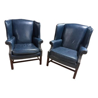Pair Chippendale-Style Navy Blue Leather Wingback Chairs Lonestar Leather For Sale
