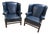 Pair Chippendale-Style Navy Blue Leather Wingback Chairs Lonestar Leather For Sale