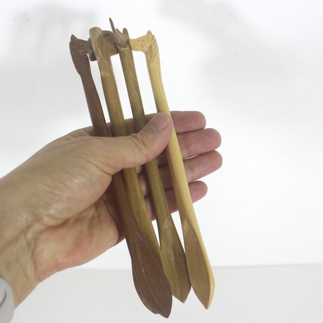 Vintage Carved Animal Wood Condiment or Sugar Spoons- Set of 4 For Sale - Image 6 of 10