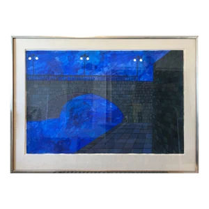 Judith Shahn, Modernist Vibrant Blue Bridge, Paris France Architectural Drawing, Painting
