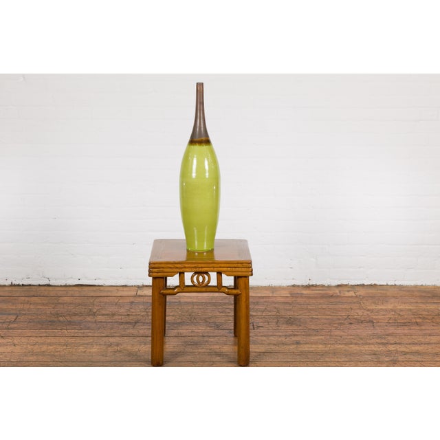 Early 21st Century Artisan Handmade Lime Green Glazed Ceramic Vase with Brown Neck For Sale - Image 4 of 12