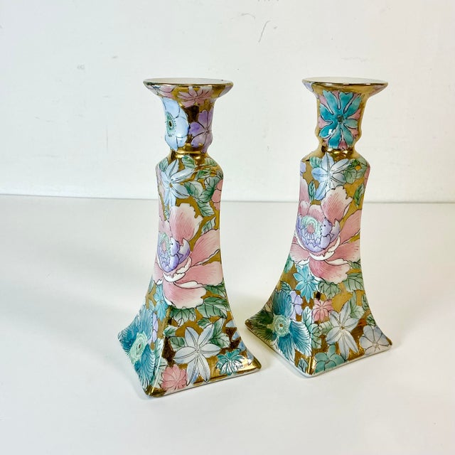 1980s Vintage Chinoiserie Boho Chic Hollywood Regency Peony Candleholders - A Pair. For Sale - Image 4 of 10