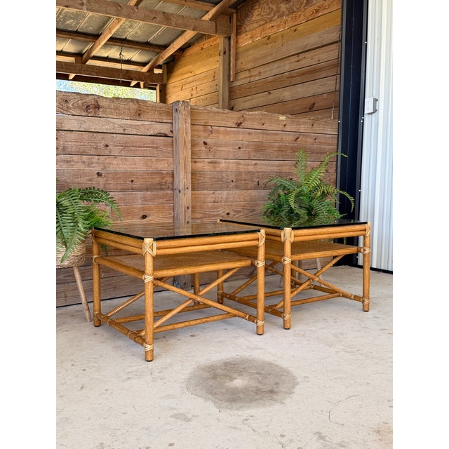 Pair of Vintage McGuire Organic Modern Rattan Side Tables With Cane Shelves and Glass Tops For Sale - Image 12 of 12