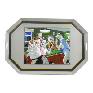 Vintage Iron Handmade Tray With Unique Puppy Billiards Scene