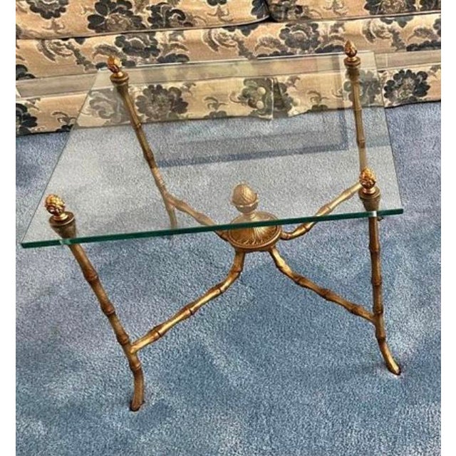 Pair Square Glass and Bronze Bagues Style Faux Bamboo End Tables Midcentury 1960 For Sale In Pittsburgh - Image 6 of 7