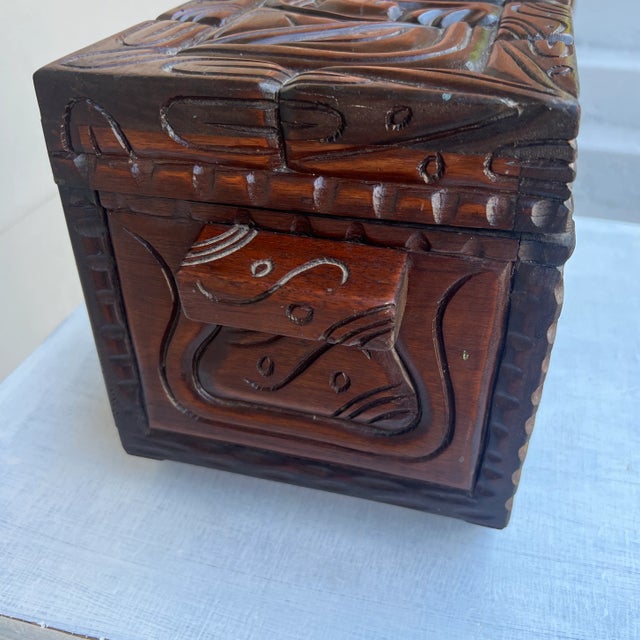 Mid-Century Modern A Vintage Maya Themed Carved Mahogany Small Size Trunk, Honduras, Circa 1970's For Sale - Image 3 of 12
