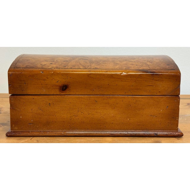 Large vintage burled wood box with domed hinge lid. Stunning natural finish with wonderful patina. Burled wood to lid....
