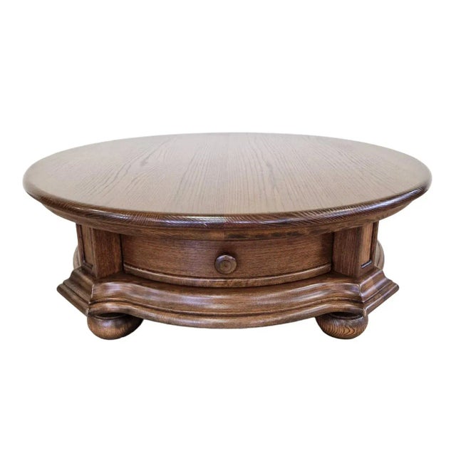 Wood Large Round Coffee Table with Drawer For Sale - Image 7 of 7